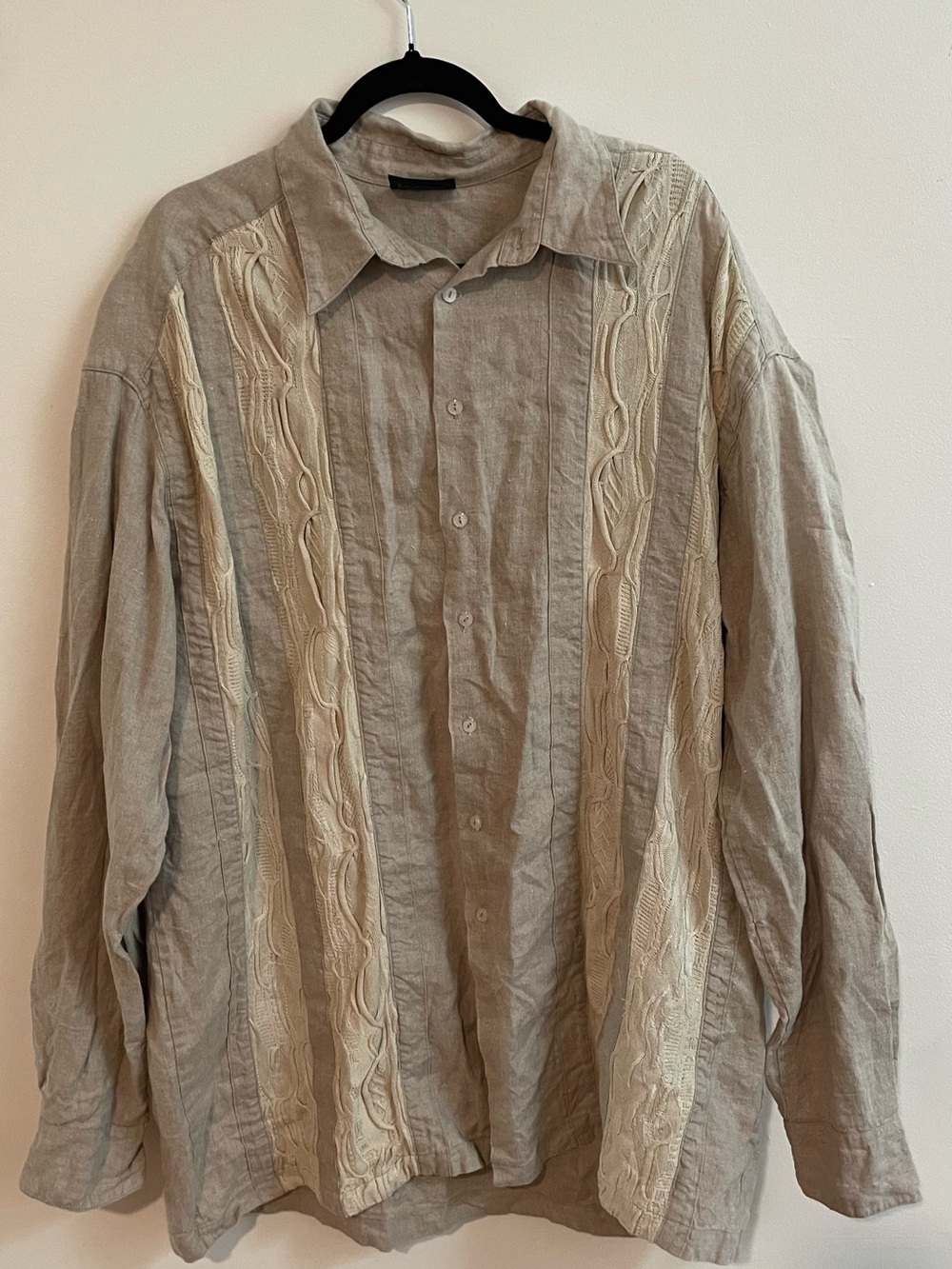 Vintage COOGI - Men’s Taupe Button-Up Linen Shirt Jacket with Cream Cable Panels